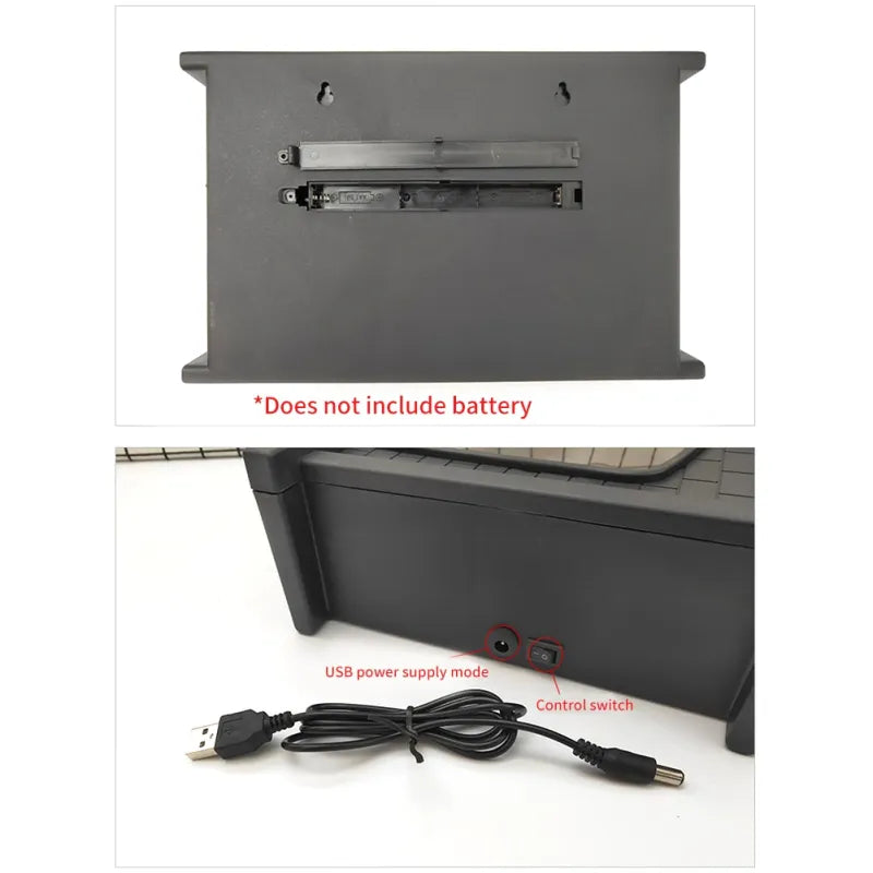 Back view of the Simulation Fireplace Light showing battery slot and USB power supply connection features.