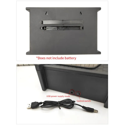 Back view of the Simulation Fireplace Light showing battery slot and USB power supply connection features.